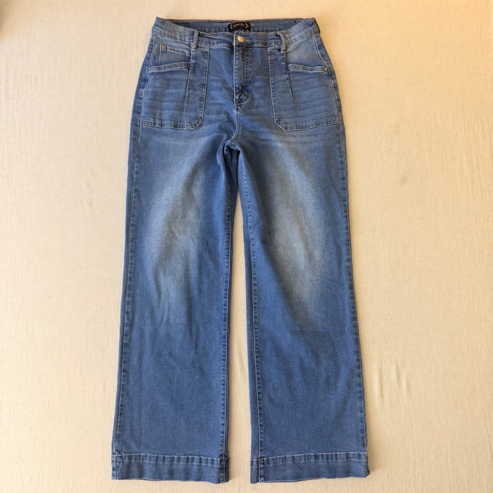 Nanette Lepore Jolie Jeans 12 Super High Rise Wide Leg 70s Patch Pocket Denim